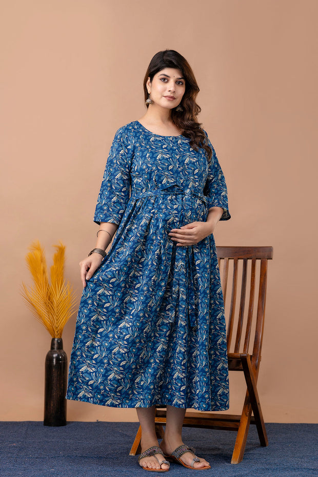 Nayo Blue Floral Maternity Dress For Women