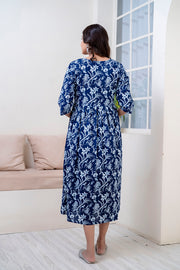 Navy Blue Abstract Printed Maternity Dress For Women