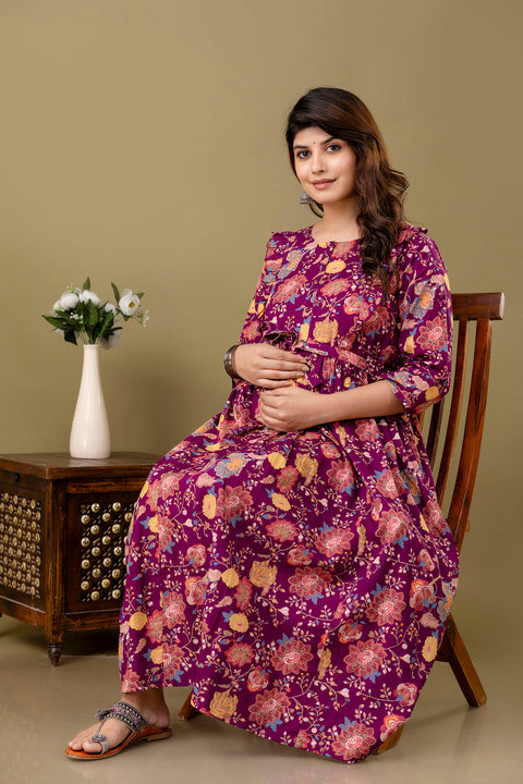 Burgundy Floral Printed Maternity Dress For Women