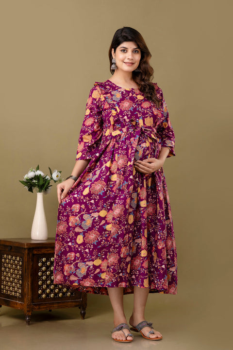 Burgundy Floral Printed Maternity Dress For Women