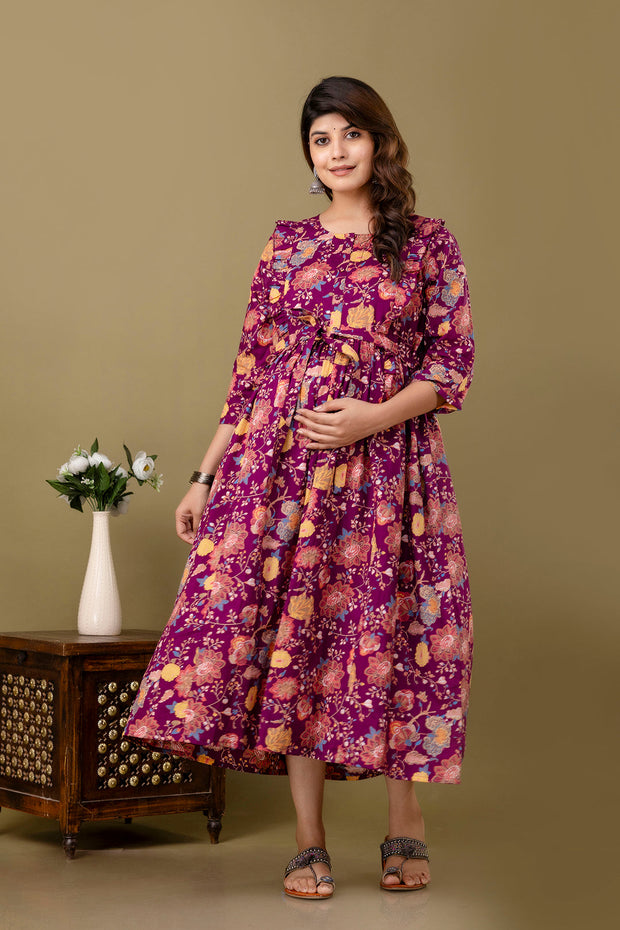 Burgundy Floral Printed Maternity Dress For Women