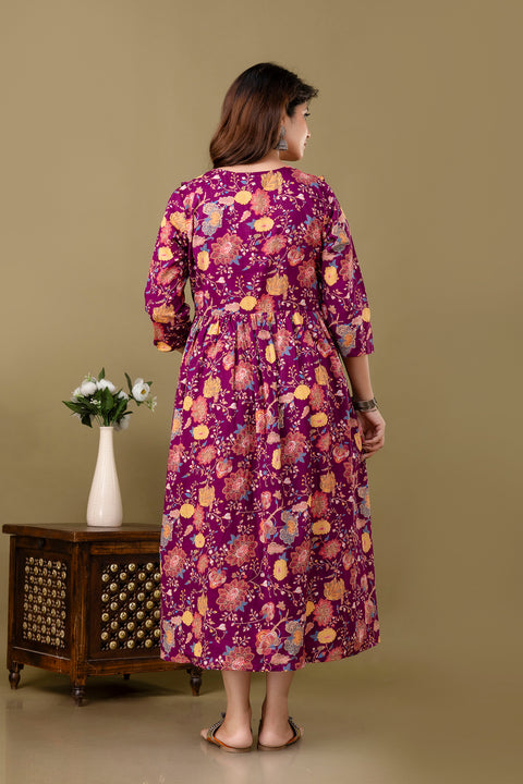 Burgundy Floral Printed Maternity Dress For Women