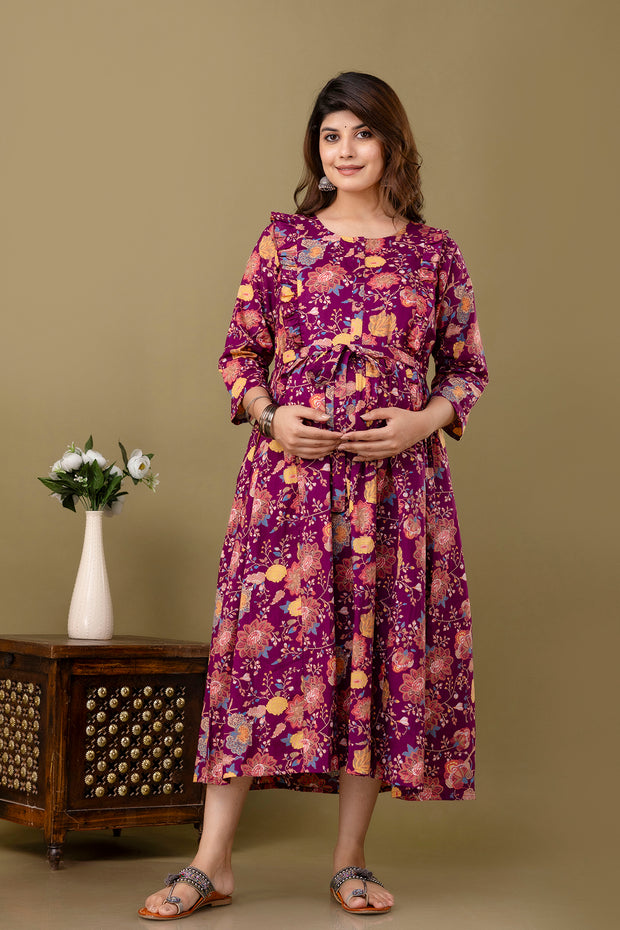 Burgundy Floral Printed Maternity Dress For Women