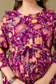 Burgundy Floral Printed Maternity Dress For Women