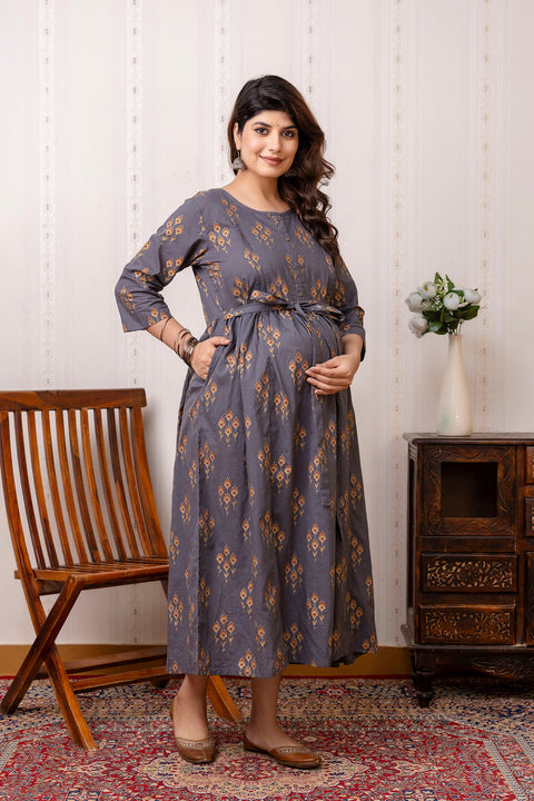 Nayo Grey Ethnic Maternity Dress For Women