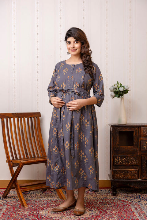 Nayo Grey Ethnic Maternity Dress For Women