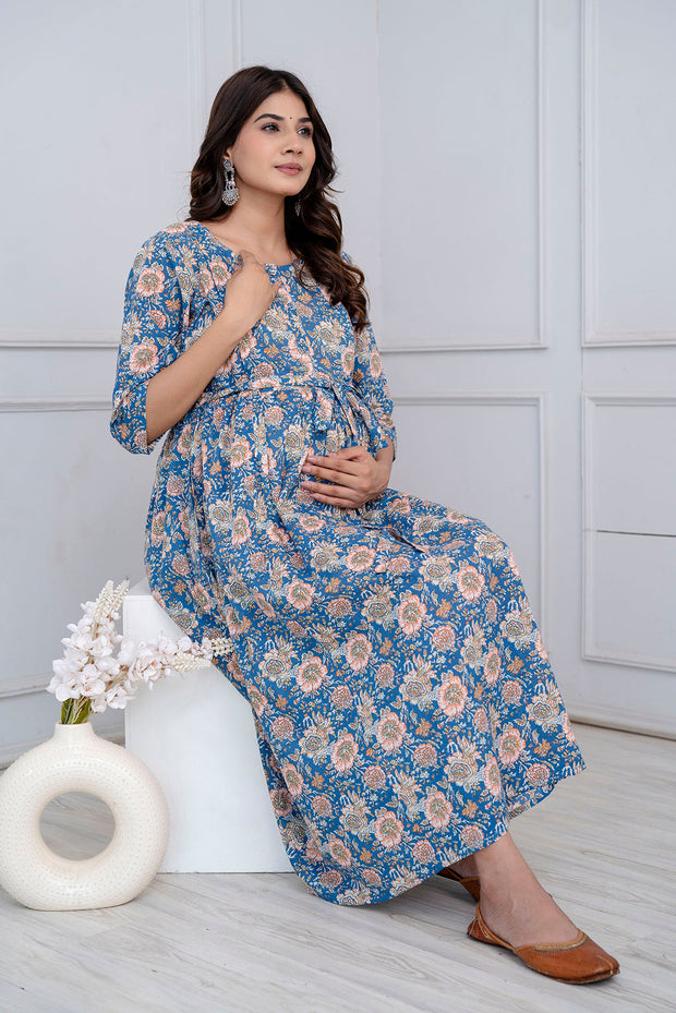 Blue Floral Maternity Dress For Women