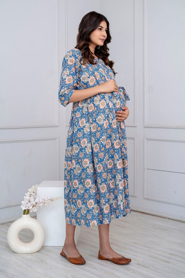 Blue Floral Maternity Dress For Women