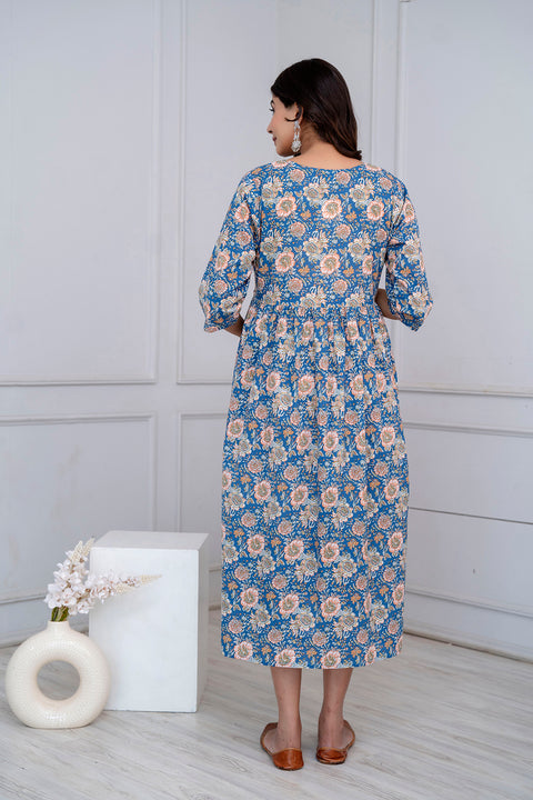 Blue Floral Maternity Dress For Women