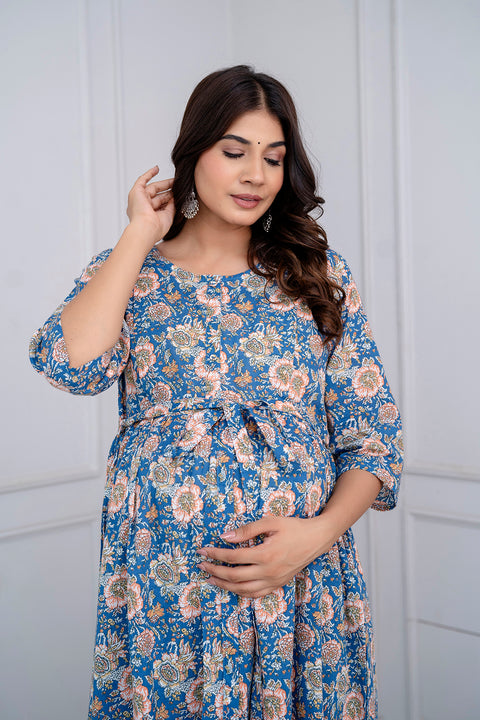 Blue Floral Maternity Dress For Women