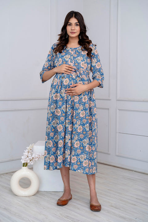 Blue Floral Maternity Dress For Women