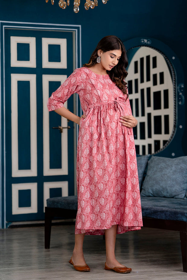 Nayo Pink Printed Maternity Dress For Women