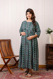 Nayo Green Printed Maternity Dress For Women