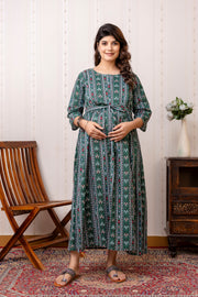 Nayo Green Printed Maternity Dress For Women