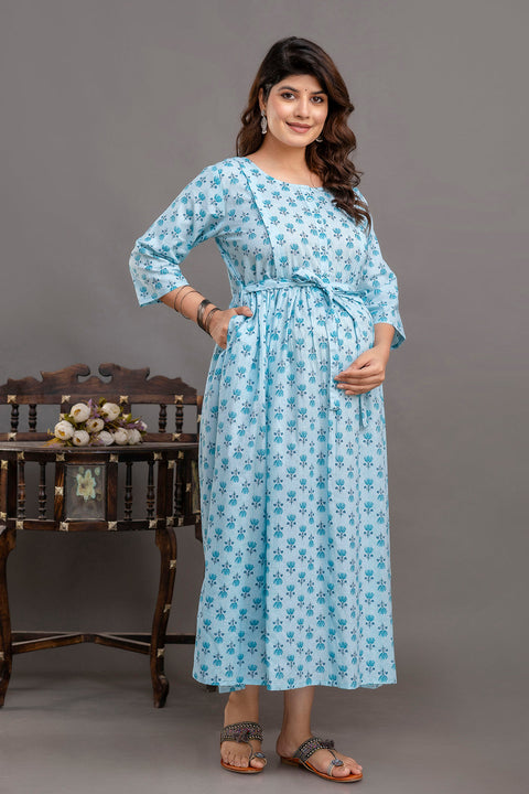 Nayo Blue Printed Maternity Dress For Women