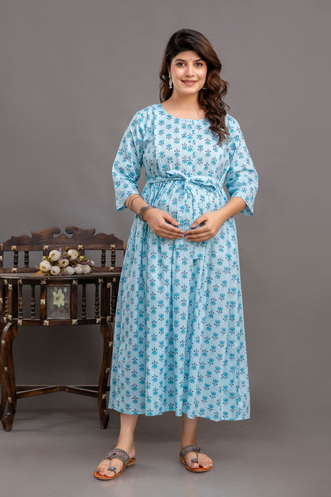 Nayo Blue Printed Maternity Dress For Women