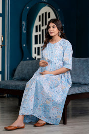 Nayo Blue Printed Maternity Dress For Women