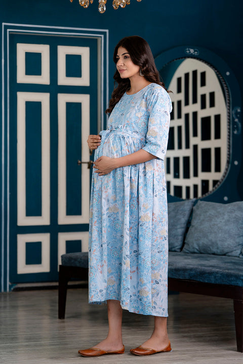 Nayo Blue Printed Maternity Dress For Women