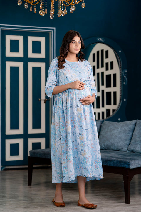 Nayo Blue Printed Maternity Dress For Women