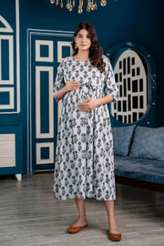 Nayo Grey Printed Maternity Dress For Women