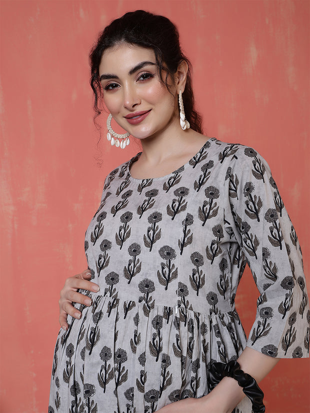 Nayo Grey Printed Maternity Dress For Women