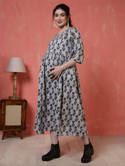 Nayo Grey Printed Maternity Dress For Women