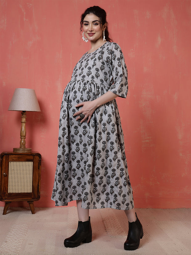 Nayo Grey Printed Maternity Dress For Women