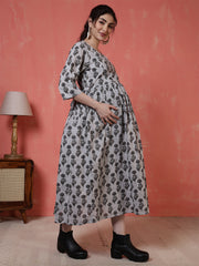 Nayo Grey Printed Maternity Dress For Women
