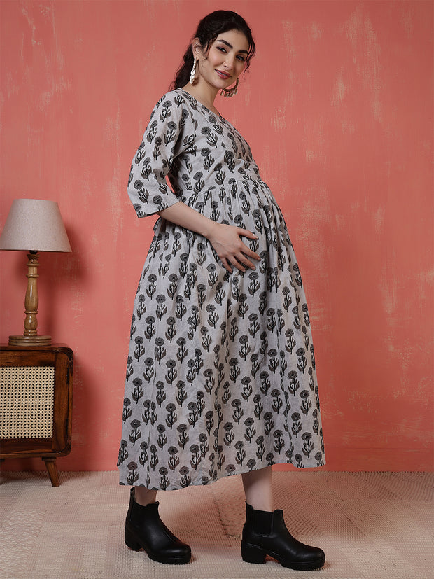 Nayo Grey Printed Maternity Dress For Women