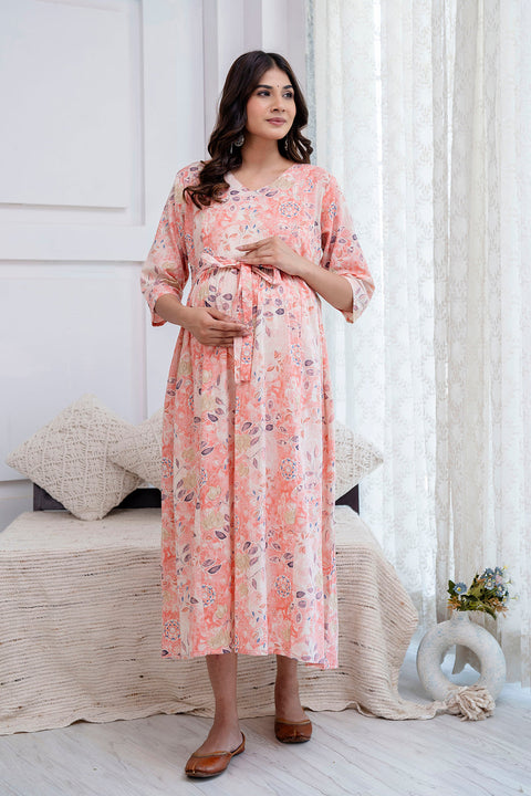 Nayo Peach Printed Maternity Dress For Women