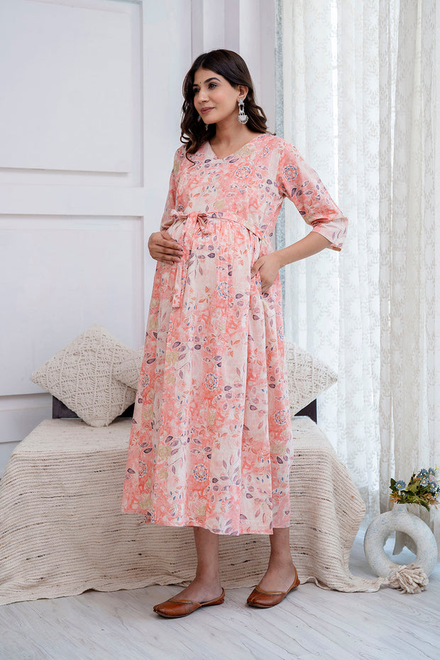 Nayo Peach Printed Maternity Dress For Women