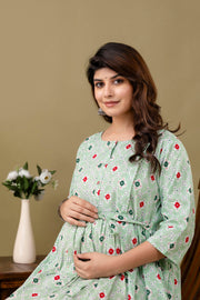 Nayo Green Printed Maternity Dress For Women