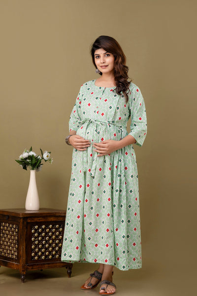 Nayo Green Printed Maternity Dress For Women