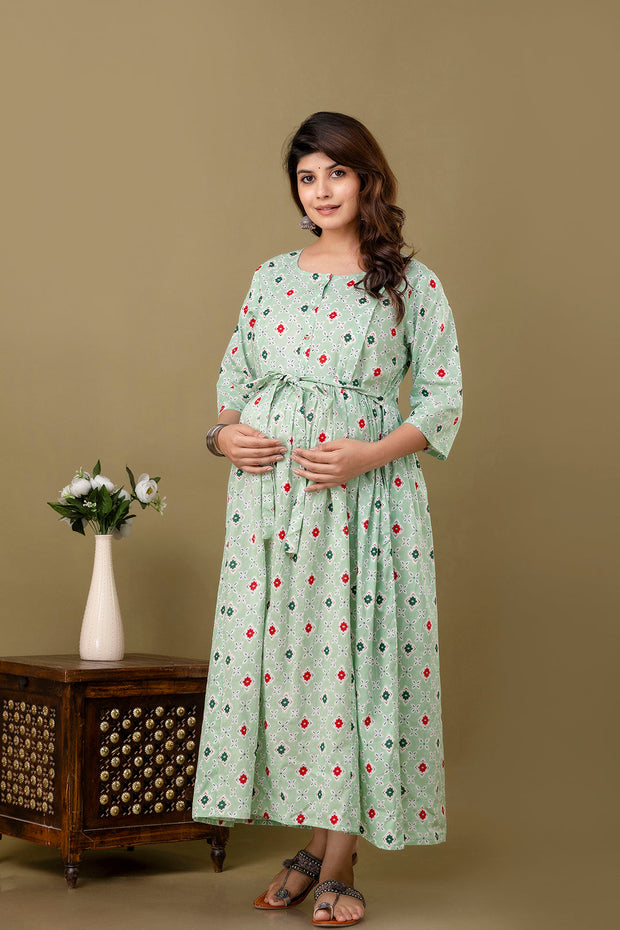 Nayo Green Printed Maternity Dress For Women