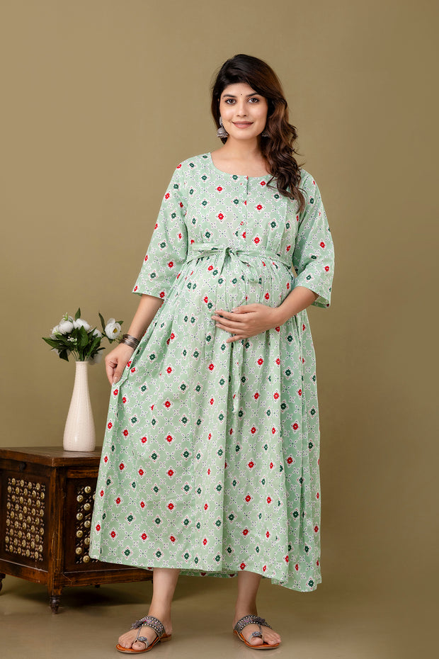 Nayo Green Printed Maternity Dress For Women