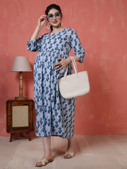 Nayo Blue Printed Maternity Dress For Women