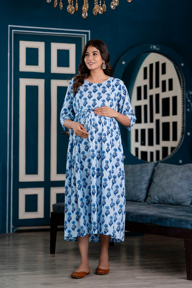 Nayo Blue Printed Maternity Dress For Women