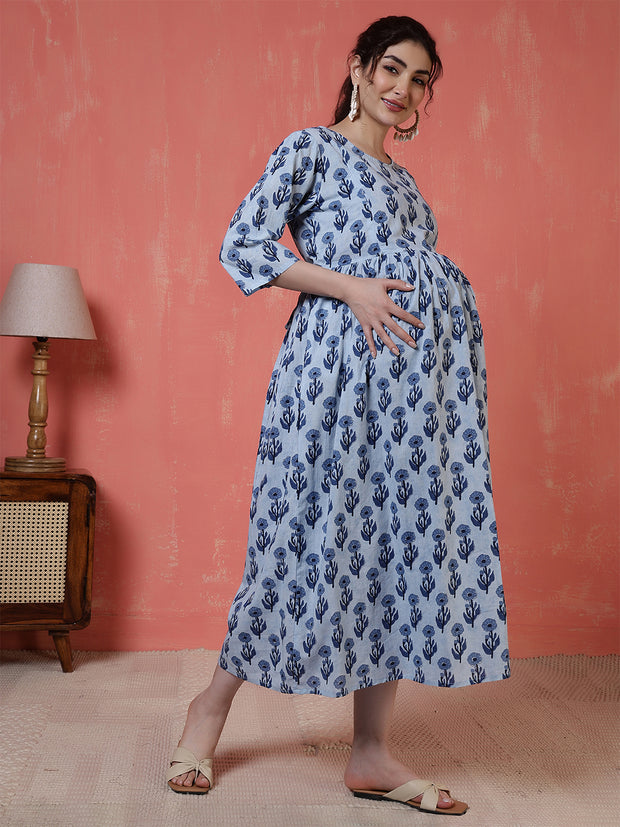 Nayo Blue Printed Maternity Dress For Women