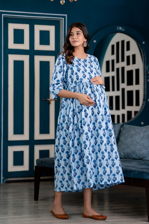 Nayo Blue Printed Maternity Dress For Women