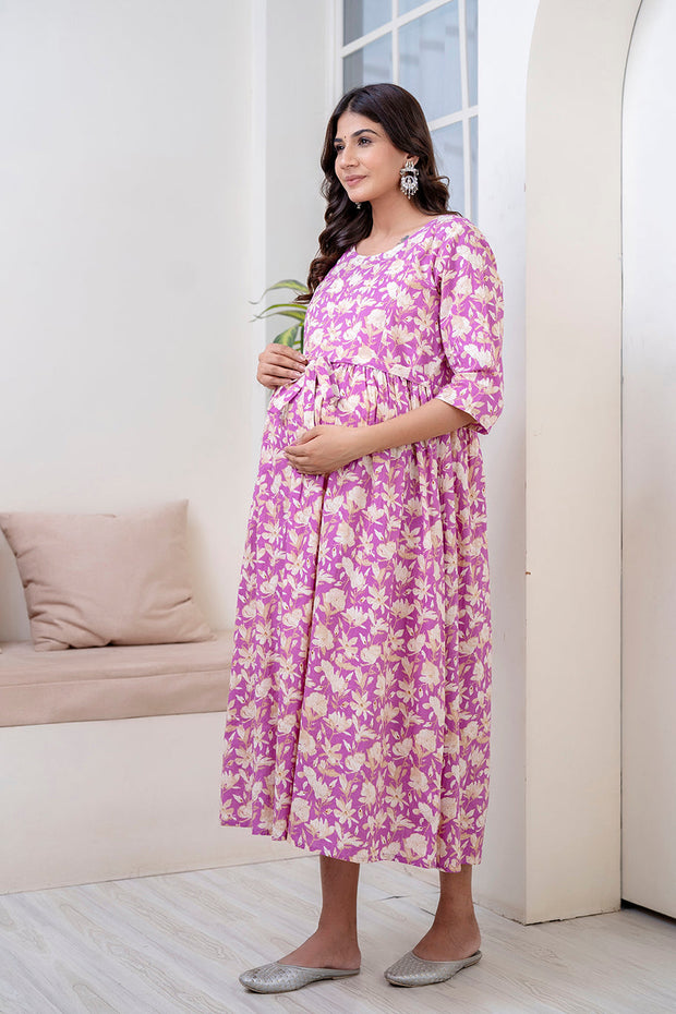 Nayo Purple Printed Maternity Dress For Women