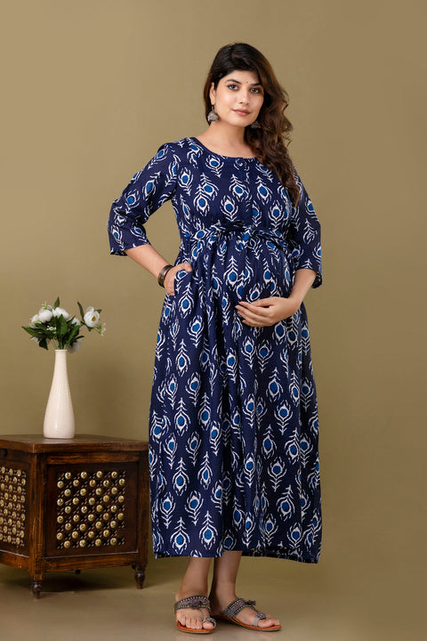 Nayo Navy Blue Printed Maternity Dress For Women