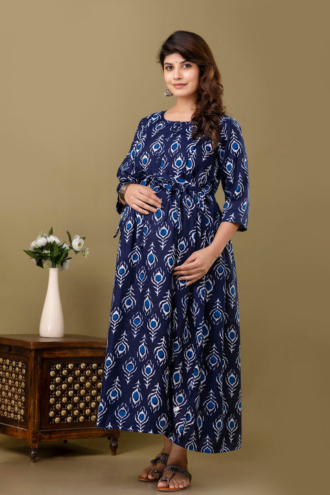 Nayo Navy Blue Printed Maternity Dress For Women