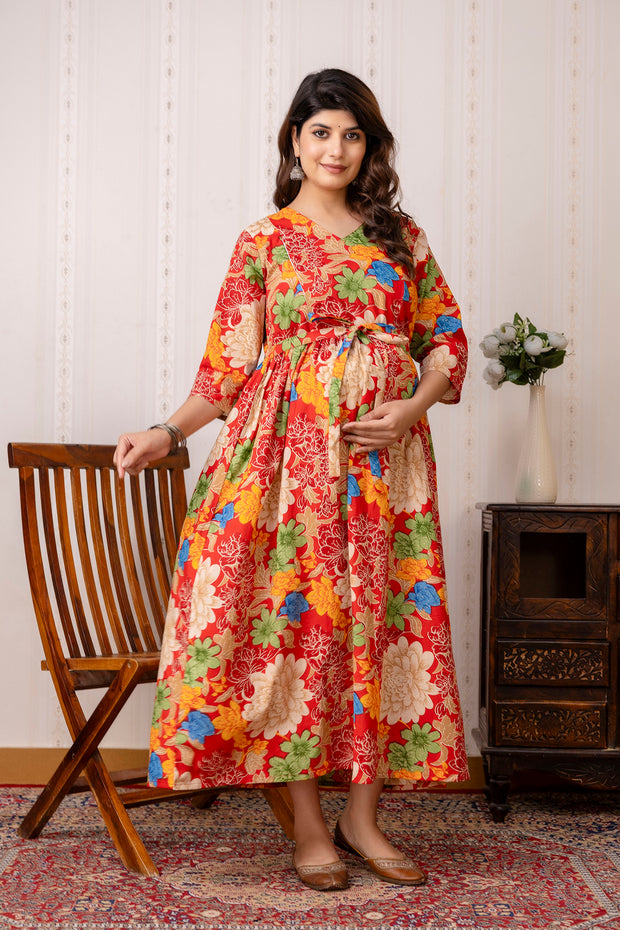 Nayo Red Printed Maternity Dress For Women