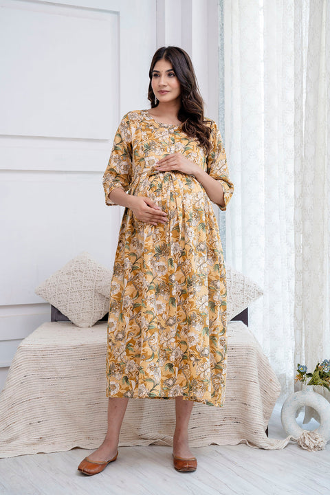 Nayo Cream Printed Maternity Dress For Women