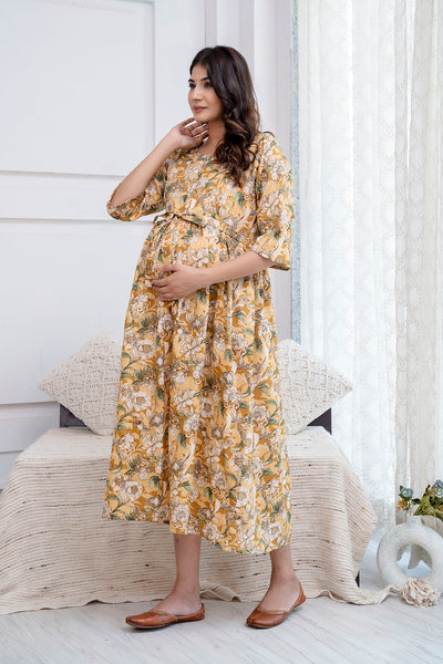 Nayo Cream Printed Maternity Dress For Women