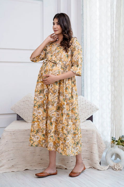 Nayo Cream Printed Maternity Dress For Women