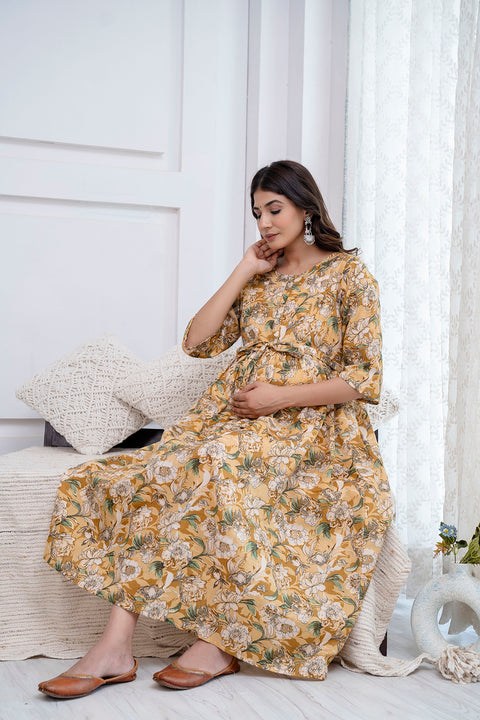 Nayo Cream Printed Maternity Dress For Women