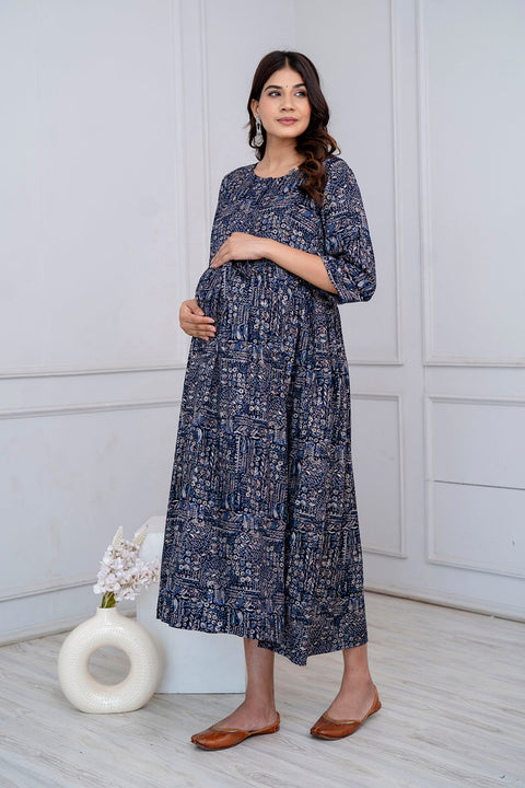 Navy Blue Abstract Printed Maternity Dress For Women