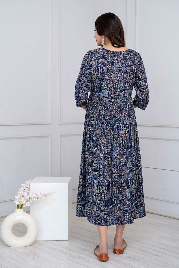 Navy Blue Abstract Printed Maternity Dress For Women