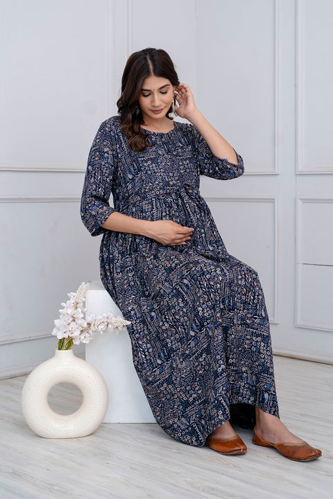 Navy Blue Abstract Printed Maternity Dress For Women